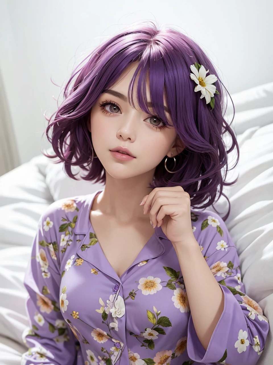 Woman with short wolf cut and purple hair Beautiful woman Floral pajamas 2.5D 