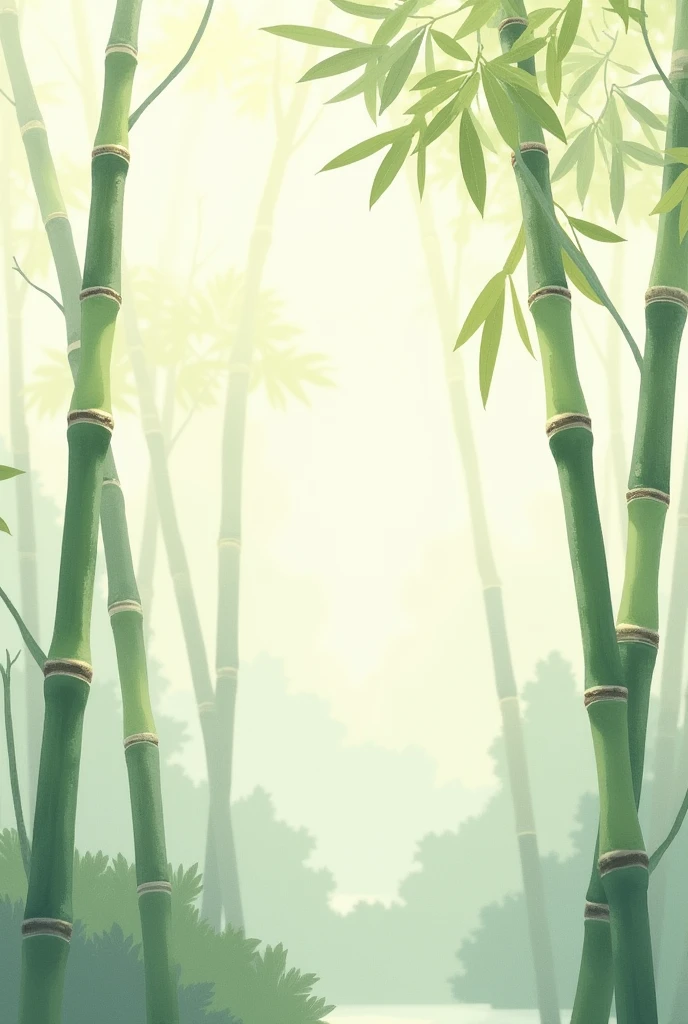 Create an image of several bamboos drawn and painted with very delicate watercolors