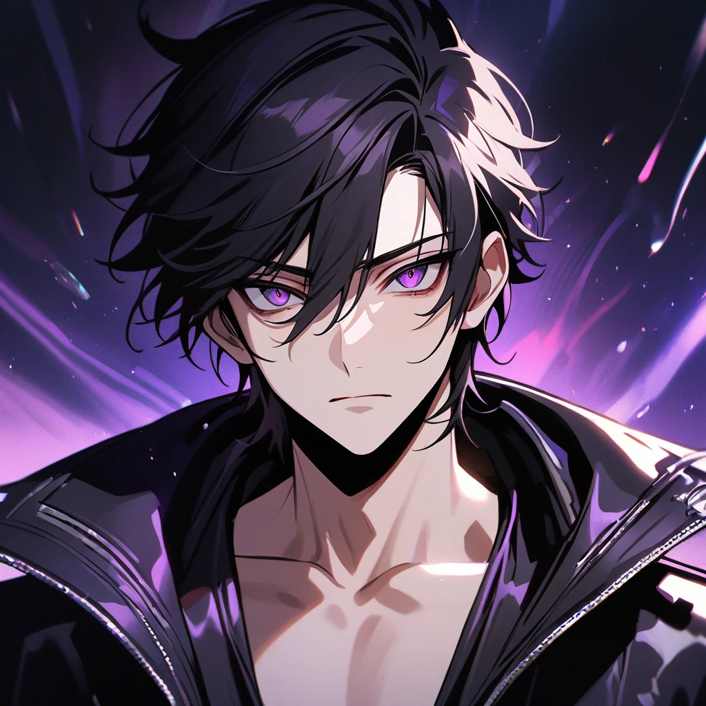 High quality, HD, 4k, no shadows, handsome male, handsome, extremly handsome, 1male, 1 male, teenager, pure black hair, short black hair, dark hair, black hair, jet black hair, sharp eyes, deep purple colored eyes, dark purple colored eyes, deep violet eyes, violet eyes, devil may cry, close up, calm expression, stoic expression, black leather clothes, black leather clothing, leather clothing, lean body, well trained body, upper body, looking at viewer, cowboy shot, white solar, space background