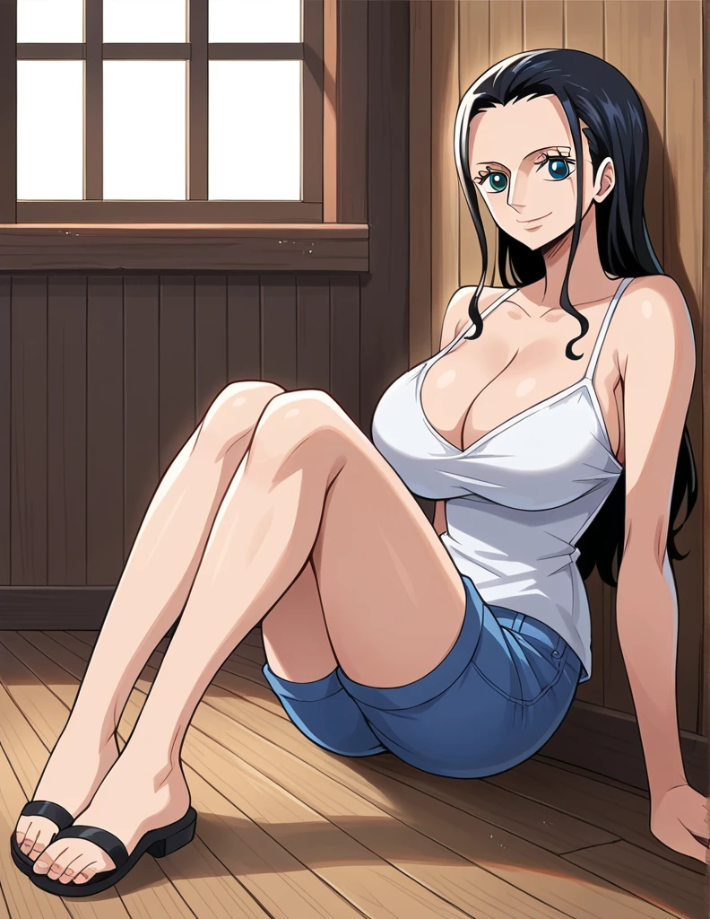 score_9, score_8_up, score_7_up, source_anime, best quality, clear face, 1girl, Nico Robin, black hair, long hair, blue eyes, large breasts, white camisole, cleavage, smile, looking at viewer, indoor, full-body , small blue shorts,long legs, black sandals ,wood floors, Decoration on wall ,windows showing ocean