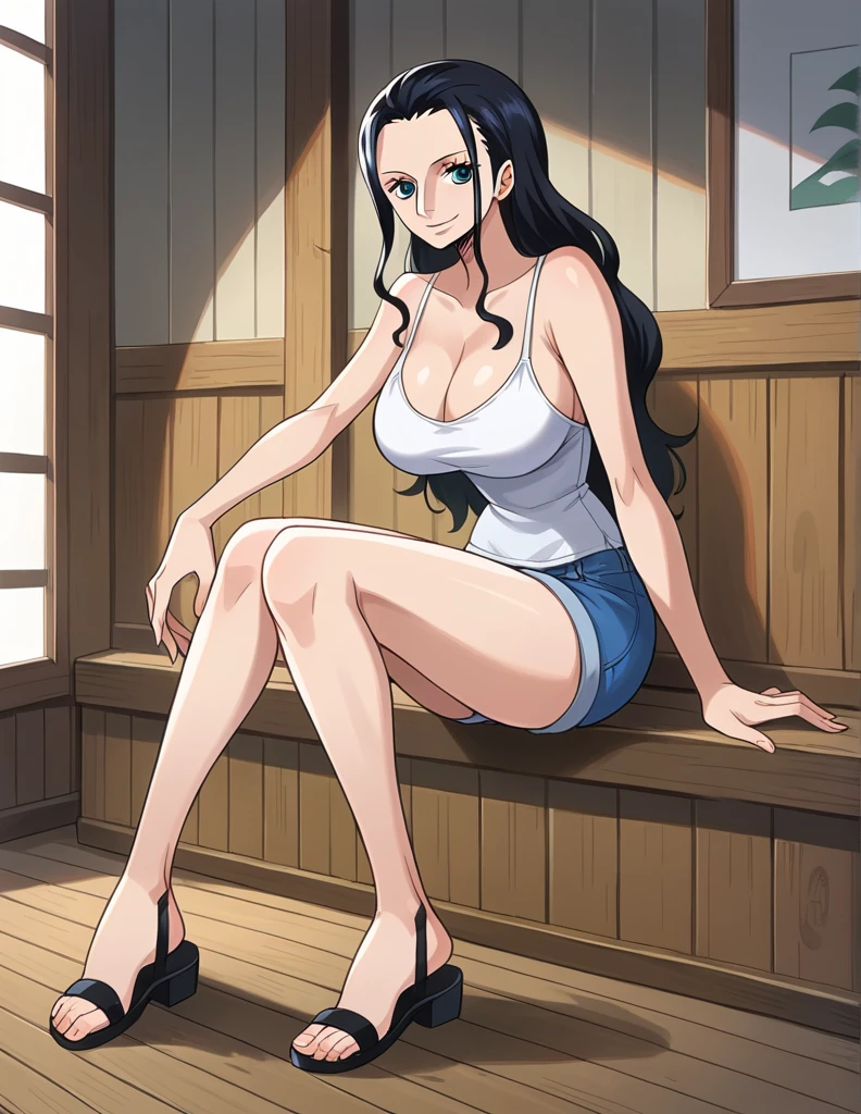 score_9, score_8_up, score_7_up, source_anime, best quality, clear face, 1girl, Nico Robin, black hair, long hair, blue eyes, large breasts, white camisole, cleavage, smile, looking at viewer, indoor, full-body , small blue shorts,long legs, black sandals ,wood floors, Decoration on wall ,windows showing ocean