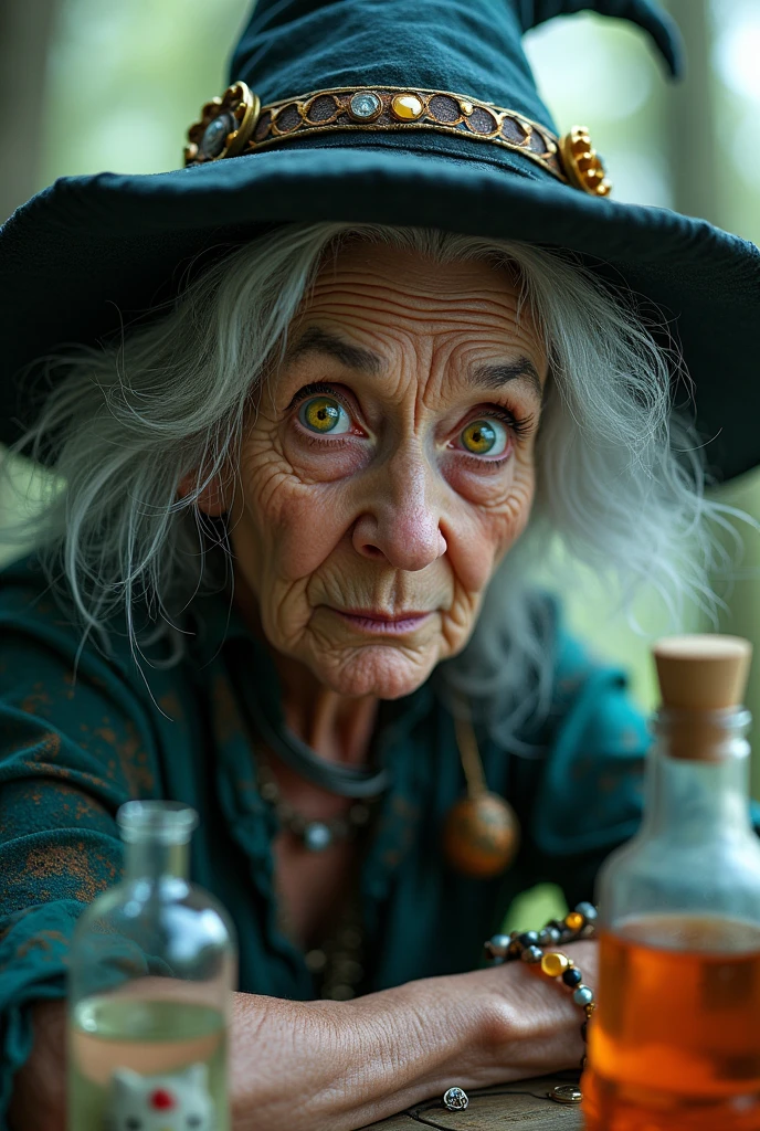 (Close-up of a better masterpiece:1.5)0.9],(Messy silver hair:1.1) (Heterochromia xanthochromia and blue eyes:1.2), witch hat, potions, whimsical woods, (A radiant glow:1.1), old woman, crazy face, hello kitty