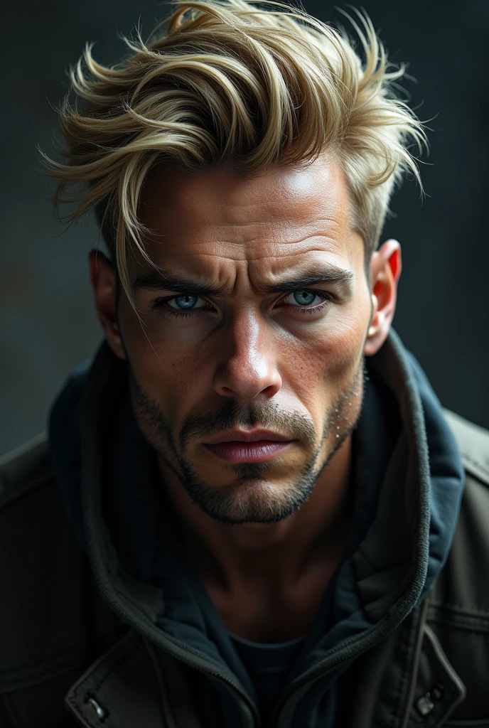 a handsome blond man, beautiful detailed eyes, beautiful detailed lips, extremely detailed face, longeyelashes, chiseled jawline, muscular, serious expression, solo portrait, dramatic lighting, cinematic, high contrast, moody, digital painting, hyperrealistic, 8k, best quality, masterpiece, photorealistic