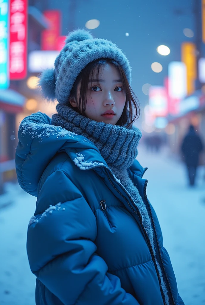 8k Lalisa of blacpink with blue winter clothes, in the snow surrounding her body, at night, with a background of neon signs in Japanese letters
