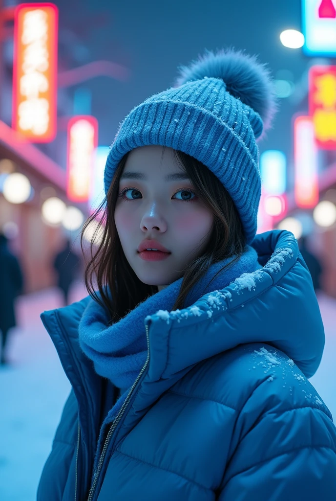 8k Lalisa of blacpink with blue winter clothes, in the snow surrounding her body, at night, with a background of neon signs in Japanese letters