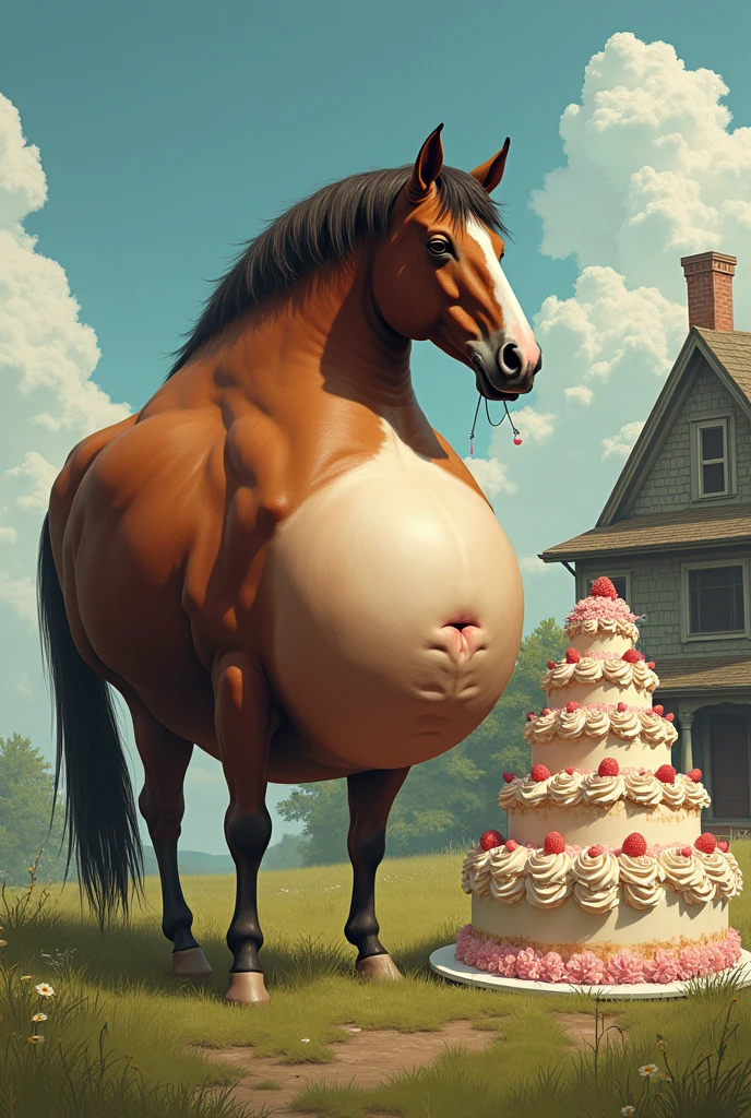 A fat brown mare pregnant with 20 foals stands next to a wedding cake by the field she starts eating the cake and her belly is the size of the house next door standing on all fours and a fat meaty ass and a pregnant belly hanging down her body while burps come out of her mouth and gas comes out of her ass And her tits are fat and big and sexy and she has a water hose up the little hole in her ass standing on all fours or hooves making room for dessert