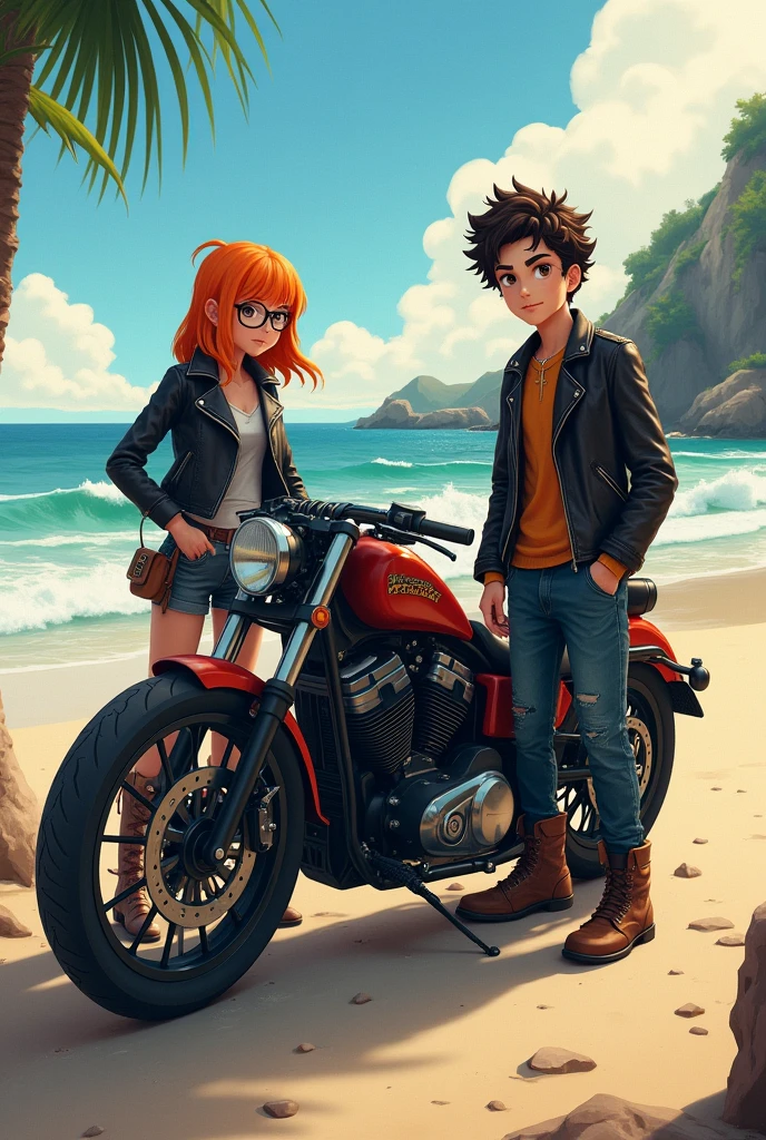 Chopper motorbike with beach view, leather jacket, orange straight haired girl with glasses and curly haired boy with eyebrow piercing wearing boots