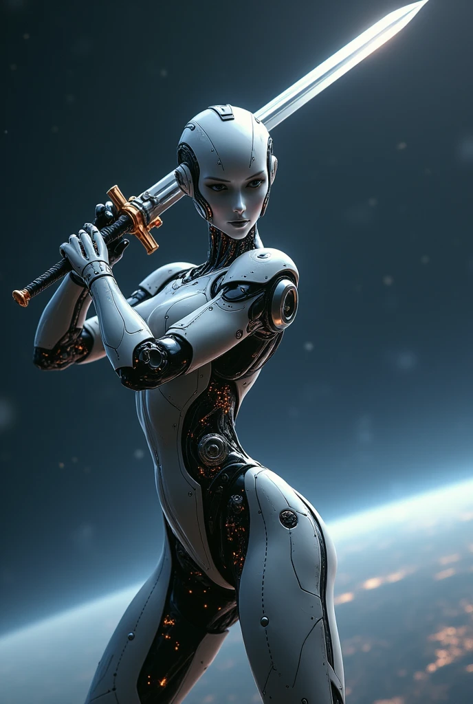 A robot girl, holding a sword in space, looking like she is attacking 