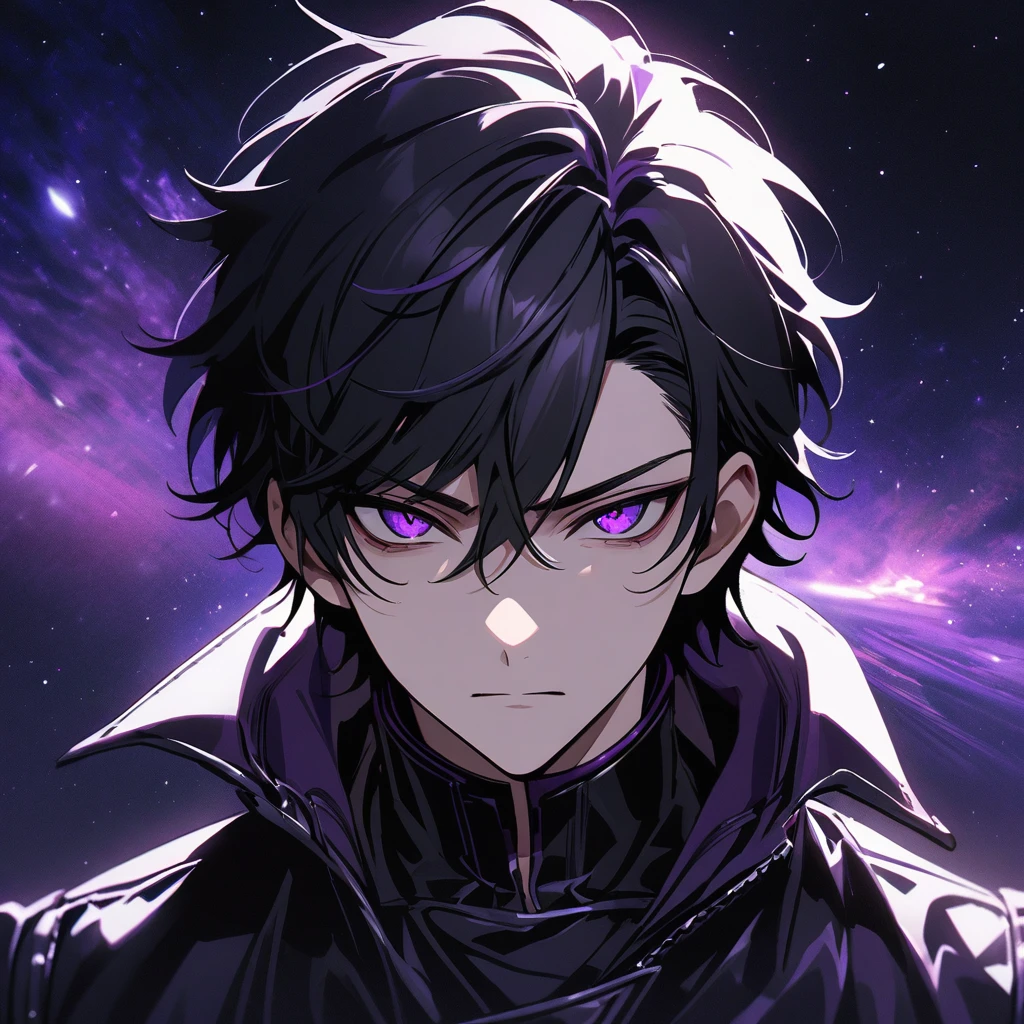 High quality, HD, 4k, no shadows, handsome male, handsome, extremly handsome, 1male, 1 male, teenager, pure black hair, short black hair, dark hair, black hair, jet black hair, sharp eyes, deep purple colored eyes, dark purple colored eyes, deep violet eyes, violet eyes, devil may cry, close up, calm expression, stoic expression, black leather clothes, black leather clothing, leather clothing, lean body, well trained body, upper body, looking at viewer, cowboy shot, white solar, space background