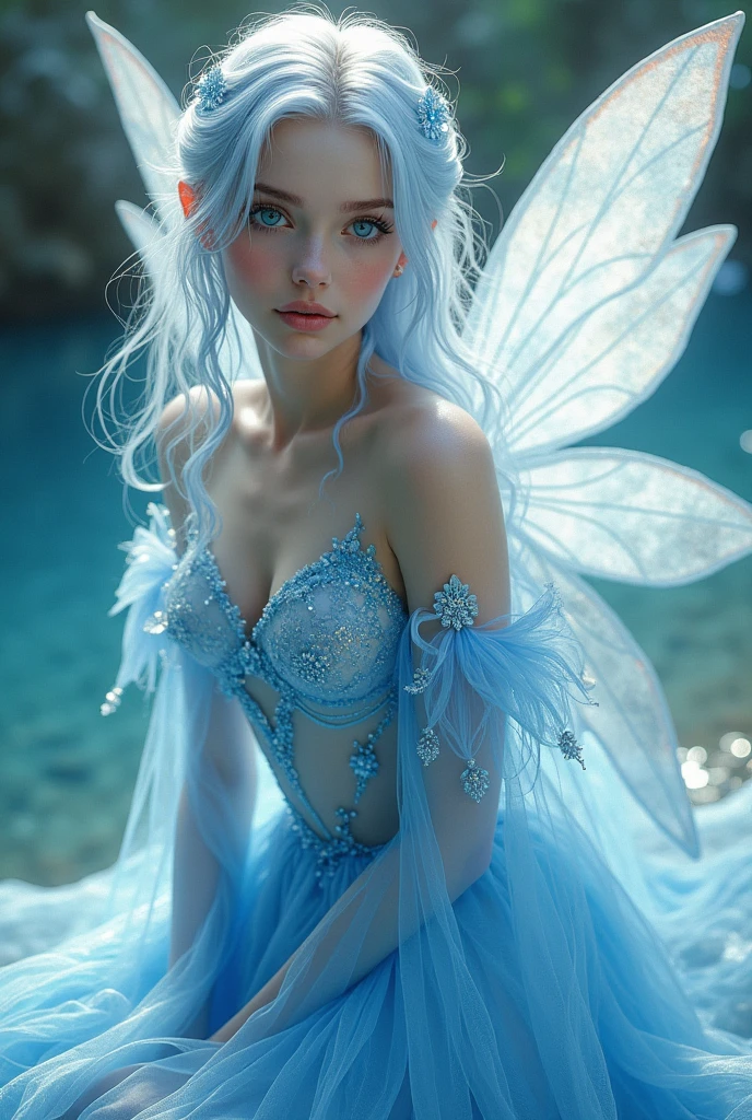 A fairy woman with water aesthetic. she has ombré white to blue hair. She has blue eyes and wears a light blue princess dress. Her wings are white with an blue iridescent hue. Fantasy artsytle. Realistic artstyle.