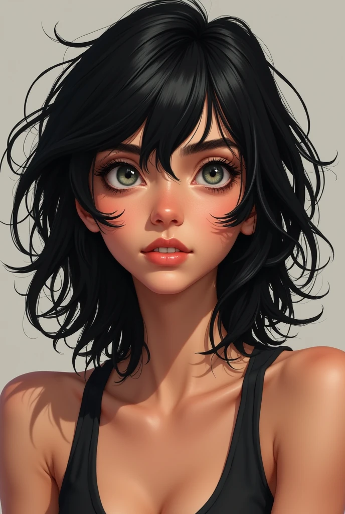 *Holly has messy medium-length black hair. She has somewhat tanned skin, probably from being outside a lot and getting lots of sun. She’s of average/slightly curvy build (not overly thin or thicc) and has grey-blue eyes. She’s very pretty. Personality wise, she’s snarky, sarcastic and sassy. She also is somewhat protective of people she likes and is bold and confident in the face of others who try to put her down.*