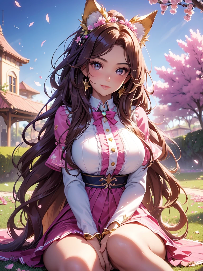 (best quality,4k,8k,highres,masterpiece:1.2),ultra-detailed,(realistic,photorealistic,photo-realistic:1.37),acrylic painting,beautiful Brazilian model in a uniform outfit with downy hair,beautiful Brazilian model with extremely colorful brown hair and detailed facial features,beautiful Brazilian model standing in a beautiful garden surrounded by a starry sky,brown hair,beautiful Brazilian model wearing a vibrant pink and teal uniform outfit,beautiful Brazilian model with intricate accessories,cat ears, ,beautiful Brazilian model with long flowing twintails,beautiful Brazilian model with bright brown eyes and rosy lips,beautiful Brazilian model with a joyful expression,beautiful Brazilian model in a dynamic pose with cherry blossoms falling around her,beautiful Brazilian model surrounded by colorful flowers and butterflies,beautiful Brazilian model's school uniform outfit adorned with cute bows and lace details,beautiful Brazilian model with an enchanting smile,beautiful Brazilian model with soft, pastel-colored shading,beautiful Brazilian model with a magical glow illuminating her,beautiful Brazilian model in a picturesque setting with a winding path leading to a magnificent castle,beautiful Brazilian model with a fairytale-like background,beautiful Brazilian model with a soft, dreamy atmosphere,beautiful Brazilian model with a subtle bokeh effect,beautiful Brazilian model standing under a sunny sky,beautiful Brazilian model with a warm, golden sunset in the background,beautiful Brazilian model surrounded by twinkling stars and colorful nebulae,creating an ethereal and captivating artistic masterpiece, sitting down, facing camera, uniform outfit 
