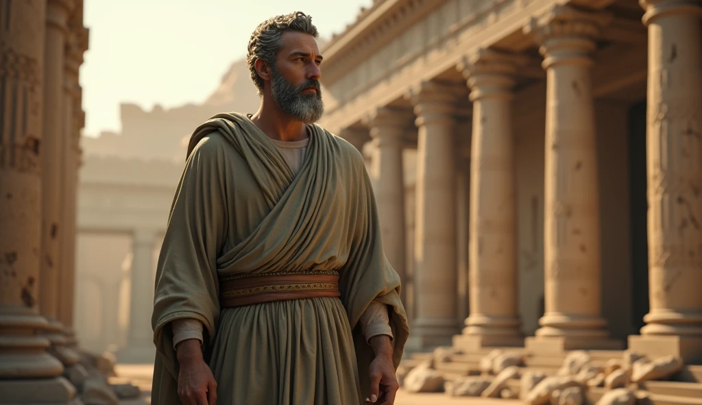 A male stoic philosopher with a well-proportioned and attractive physique, slightly tanned skin, very short and well-trimmed beard, and wavy, well-styled hair. He is dressed in classic tunics in soft earthy tones—gray, brown, and olive green—with subtle gold or copper details. The scene depicts him standing against a dramatic backdrop, embodying the concept of excessive piety through a rigid, imposing statue symbolizing dogmatic beliefs. The setting has a panoramic view of a crumbling ancient temple, bathed in a warm, golden light, highlighting contrasts of light and shadow. The philosopher's face shows a contemplative expression, emphasizing the struggle between stubbornness and clarity. Rendered in 8K resolution, using Unreal Engine 5.