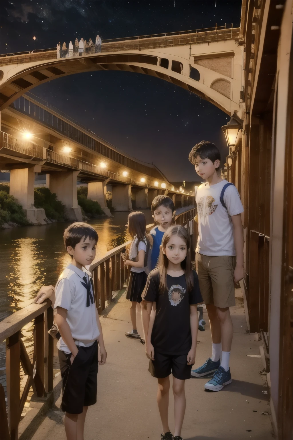 group of boys and girls near a bridge on a summer night,