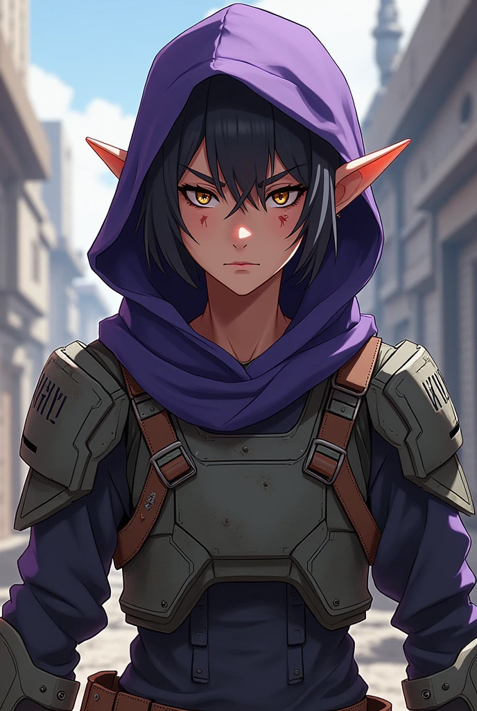 There is a skinny elf but not so much, He looks young but not that young, with noticeable scars on his face and there with a somewhat old and damaged combat suit with a bionic arm and has a purple hood and has an anime style