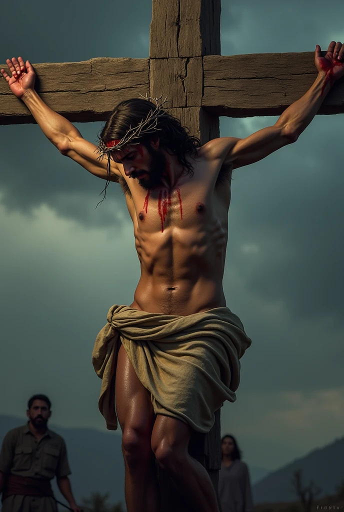 A vivid and detailed depiction of Jesus Christ nailed to the cross, wearing a crown of thorns. The scene should capture the somber and solemn atmosphere, with Jesus' head slightly bowed, blood from the crown of thorns trickling down his forehead. The cross is weathered, made of rough wood, and set against a darkened sky with clouds gathering. There should be a sense of deep sorrow and sacrifice in the expression of Jesus, with his arms stretched out and nailed to the cross. The background should include subtle elements, like a faint outline of distant hills or the silhouette of onlookers in the shadows.