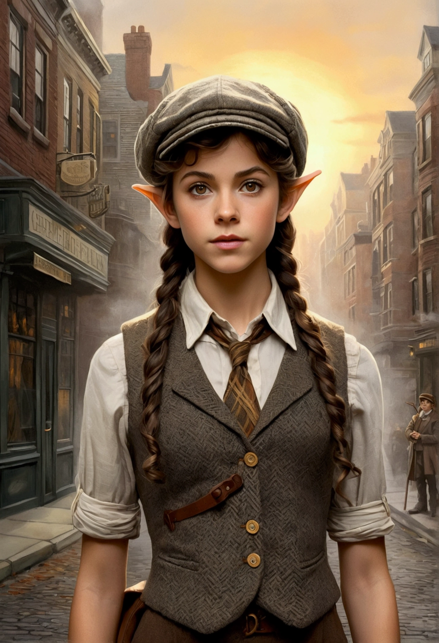 An illustrated movie poster, hand-drawn, full color, a age elven girl, wearing a tweed vest and a newsie cap, athletic hourglass figure, long pointy elf ears, amber eyes, dark hair, messy curls, deep sun-tanned skintone, standing on a foggy victorian-era street corner, graphite shading, stencil marks, airbrushed acrylic paint, masterpiece, in the style of the Sherlock Holmes, elf ears