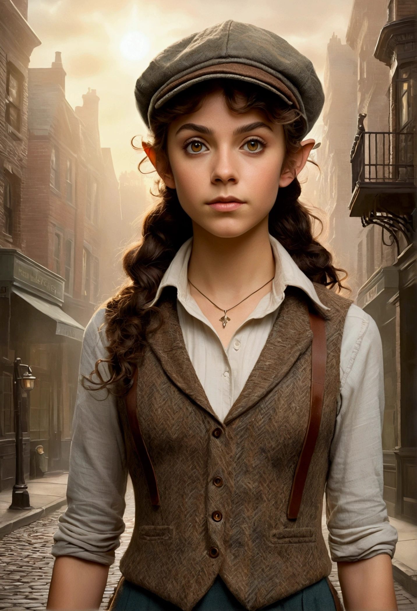 An illustrated movie poster, hand-drawn, full color, a age elven girl, wearing a tweed vest and a newsie cap, athletic hourglass figure, long pointy elf ears, amber eyes, dark hair, messy curls, deep sun-tanned skintone, standing on a foggy victorian-era street corner, graphite shading, stencil marks, airbrushed acrylic paint, masterpiece, in the style of the Sherlock Holmes, elf ears