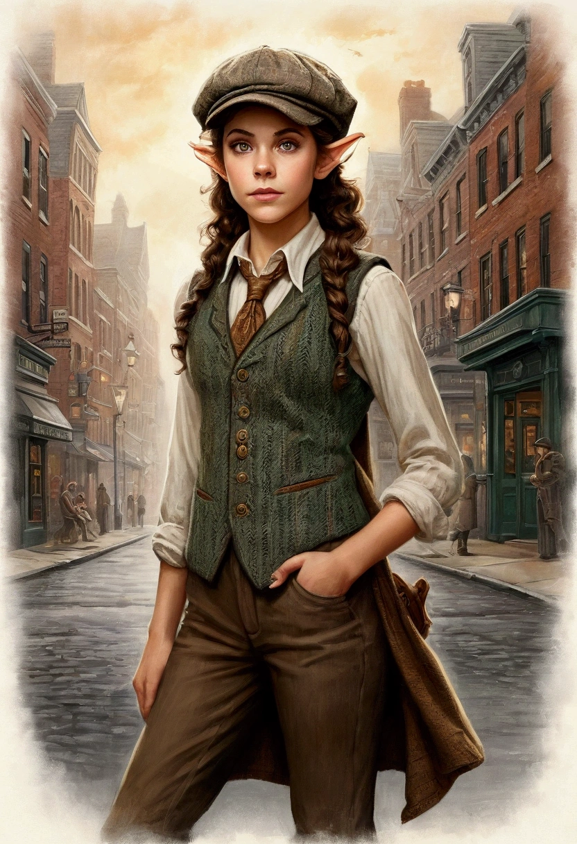 An illustrated movie poster, hand-drawn, full color, a teenage elven girl, wearing a tweed vest and a newsie cap, athletic hourglass figure, long pointy elf ears, amber eyes, dark hair, messy curls, deep sun-tanned skintone, standing on a foggy victorian-era street corner, graphite shading, stencil marks, airbrushed acrylic paint, masterpiece, in the style of the Sherlock Holmes, elf ears