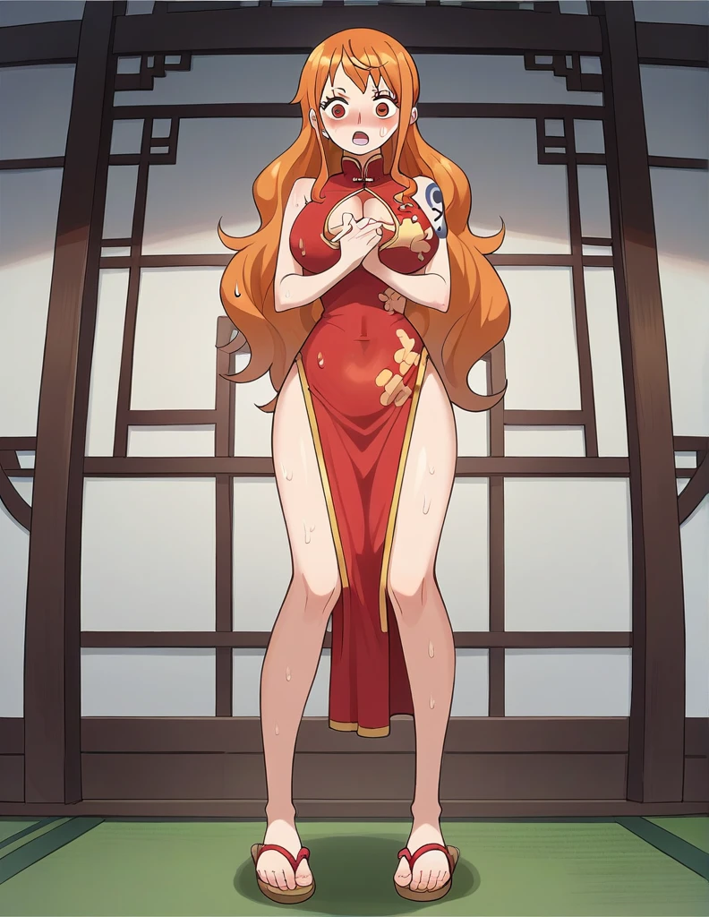 score_9, score_8_up, score_7_up, source_anime, best quality, clear face, Nami, orange hair, orange eyes, long hair, large breasts, perfect body, standing, looking at viewer, shocked, china dress, red clothes, , indoor, wet clothes,blushing,embrassed,see though clothes,big boob,hands on boob, view from below,bend over,ripped clothes,reveling dress,ripped dress,full body,sandals