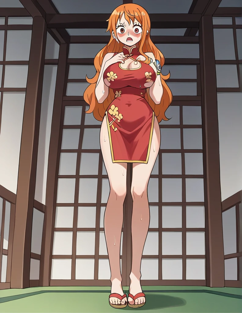 score_9, score_8_up, score_7_up, source_anime, best quality, clear face, Nami, orange hair, orange eyes, long hair, large breasts, perfect body, standing, looking at viewer, shocked, china dress, red clothes, , indoor, wet clothes,blushing,embrassed,see though clothes,big boob,hands on boob, view from below,bend over,ripped clothes,reveling dress,ripped dress,full body,sandals