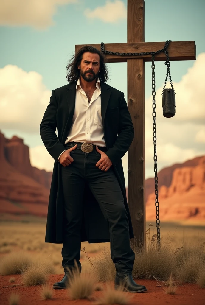(A strong man, boy: brave, strong)(oil painting, a high resolution:1.2,Sharp Focus)(detailed face:1.2,detailed eyes:1.1)(Intense expression:1.1,confident)(long black hair to the shoulders:1.1, Mild unshaven)(take a dynamic pose) (black duster, White shirt, black trousers, cowboy boots), (prairie background:1.1, red rocks, Rolling clouds)(soft lighting, warm colors)(bright colors, Vibrant Palette), (large wooden cross, standing next to him), (a portable cross as tall as a man, on a chain)
