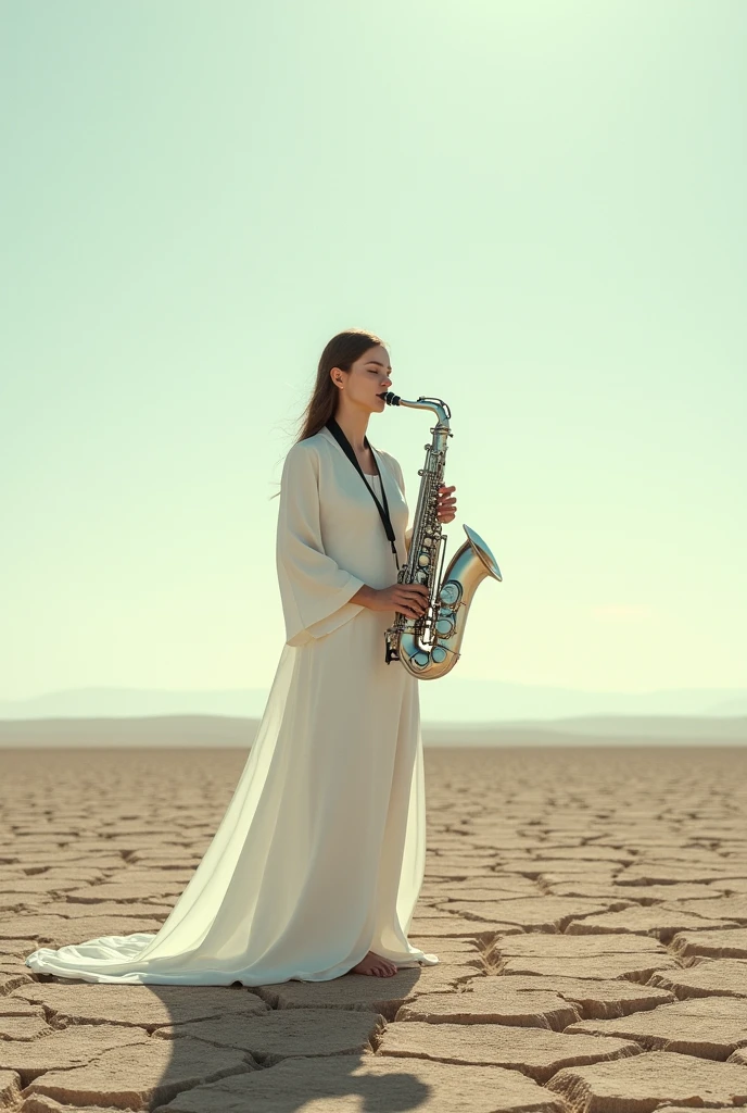 A woman dressed in white robes standing on a dry field while playing the saxophone 