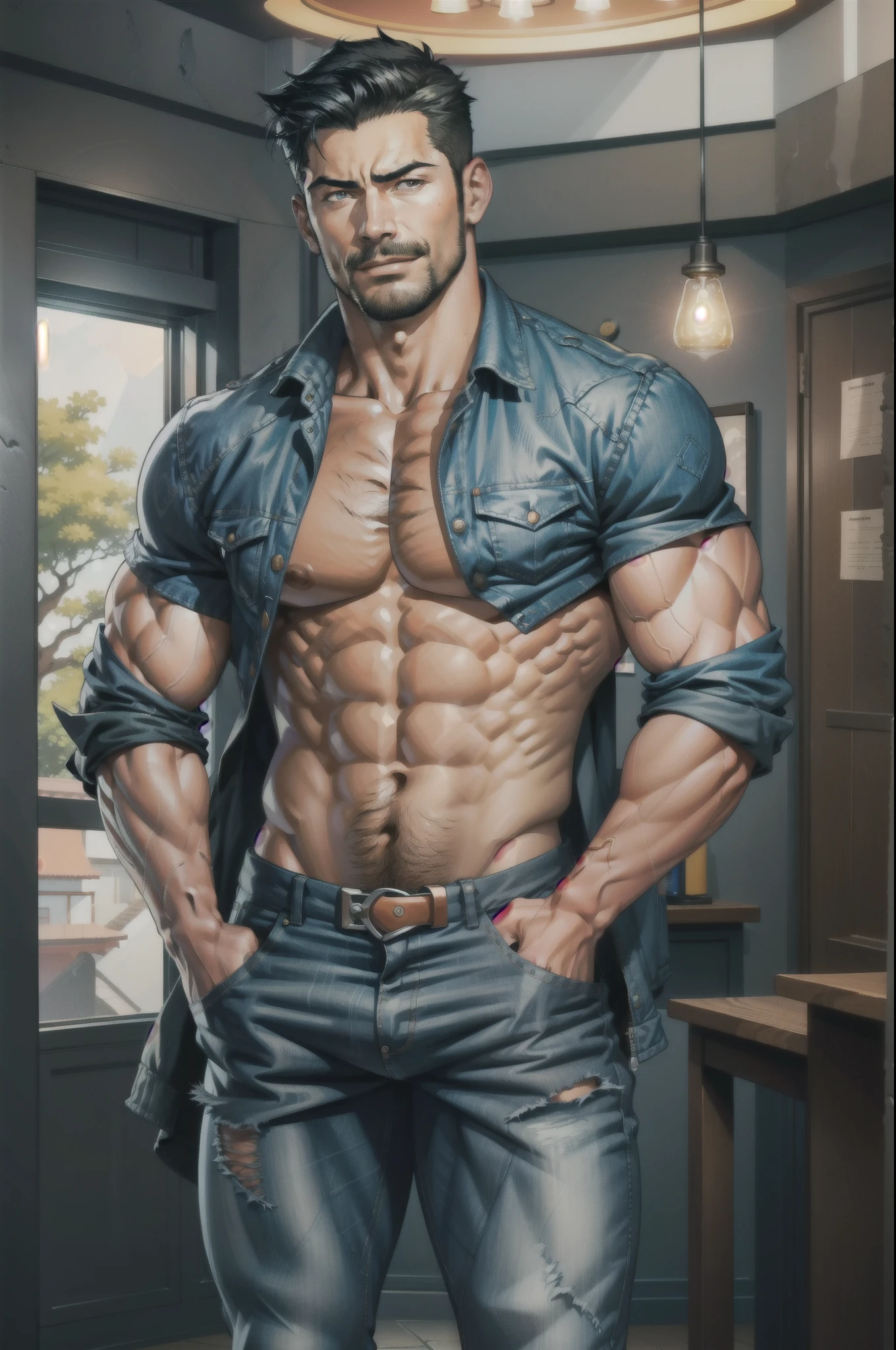 (original-art:1.2),(lineart:1.33), 1male, black hair, 1950s greaser, mature masculine muscular, handsome chisled facial features, muscular hairy body, 70s mustache, unbuttoned ripped No shirt ,sexy, sixpack, un-zipped jeans, opened pants, pubic hair, huge crotch bulge, sexy, hot, jock, erotic, (hyperdefined),(inked-art), hero-angle, masculine stance, erotica, full body shot, cartoon, indoor, dramatic lighting, sidelighting,complex lighting,(full vibrant colors),hatched-texture,(fine-details:1.2),absurdres,flat-colors,ultradetailed, city street,