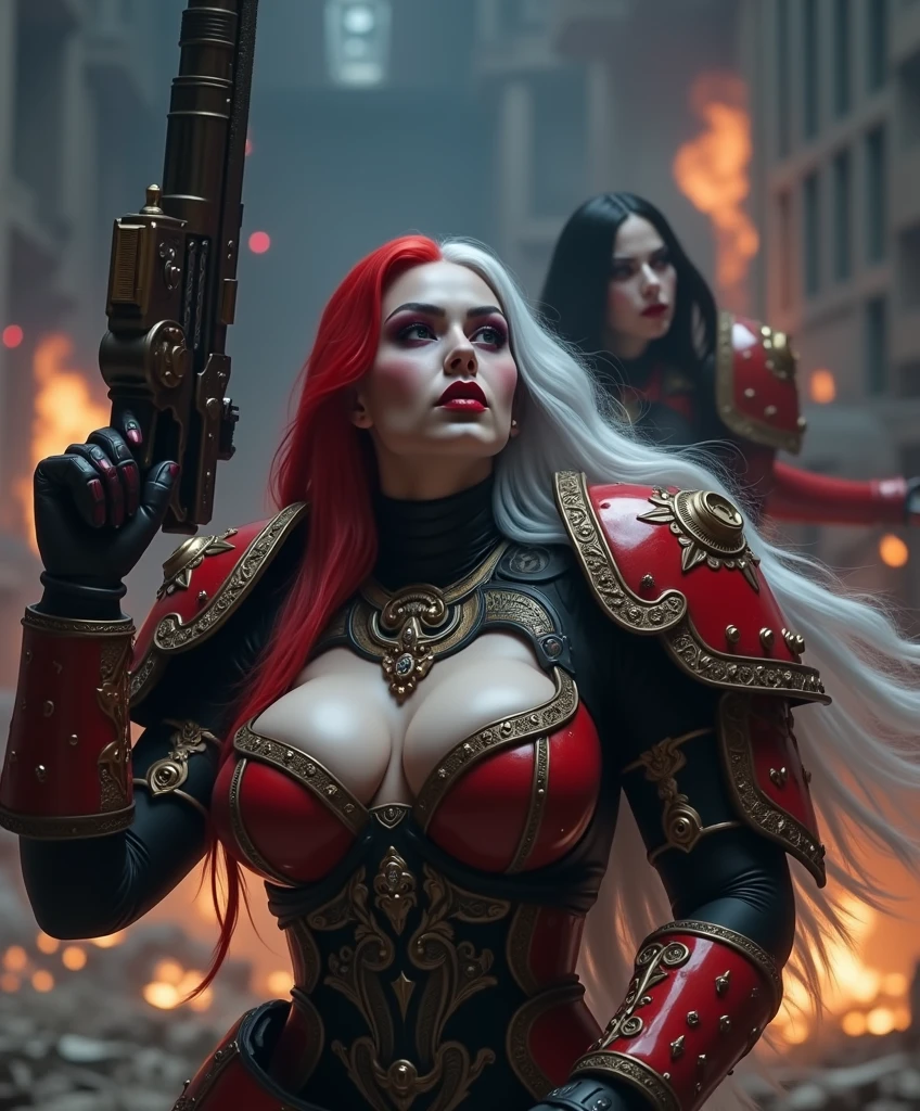 Full body pose sexy sisters of battle from the warhammer 40k, shooting at the enemy, red space marine armor with intricate details, religous symbols on the armor, sisters of battle, warhammer 40k, Massive silicone breast, pale skin, seductive, temptation, eat your soul, clevage, long white flowing hair with red highlights, long black flowing hair with purple highlights, heavy gothic makeup, at night, neon, beautiful detailed eyes, beautiful detailed lips, extremely detailed eyes and face, long eyelashes, highly detailed armor, intricate futuristic weaponry, dramatic lighting, cinematic composition, muted color palette, gritty and realistic, mecha, science fiction, hyper-detailed, photorealistic, award winning digital art, 8k, HDR, masters work, in the middle of a battle field, full body combat action pose, explosions and fire around, full war, stunning, Stilleto heels, high heels, full body pose, cinematic, movie trailer, final stand!, nemesis, ready to strike, dust and debree, combat screams, attacking, shooting at the enemy, running forward, last line of defense, charging, fanatic, religious, templar knights, sisters of battle, warhammer 40k
