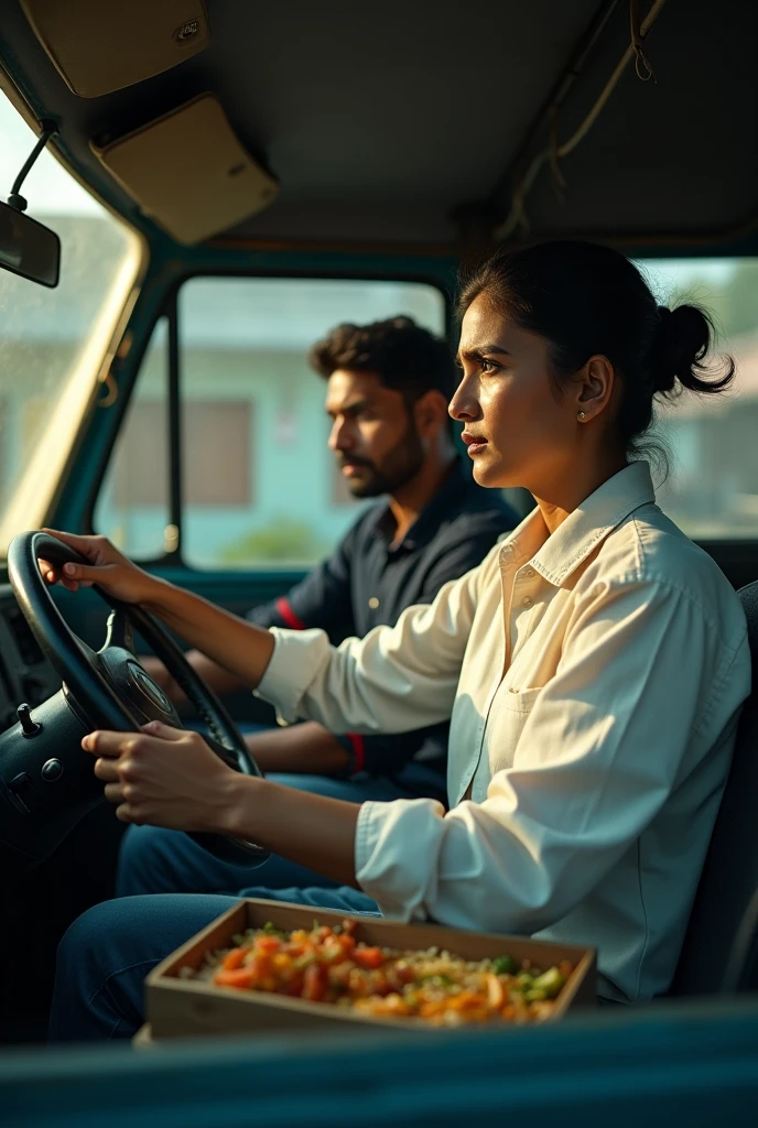 cinematic, photo realistic film poster of a man looking ahead in frustration while seated on the driver’s seat of a Van, behind steering wheel, his wife eating from a tiffing box beside him, frontal camera shot, afternoon, wife in formal white shirt, hair tied in bun, Kalimpong town