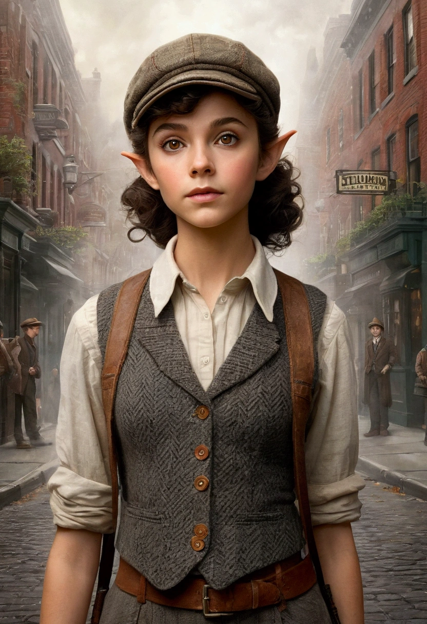 An illustrated movie poster, hand-drawn, full color, a teenage elven girl, wearing a tweed vest and a newsie cap, athletic hourglass figure, long pointy elf ears, amber eyes, dark hair, short curly hair, deep sun-tanned skintone, standing on a foggy victorian-era street corner, graphite shading, stencil marks, airbrushed acrylic paint, masterpiece, in the style of the Sherlock Holmes, elf ears