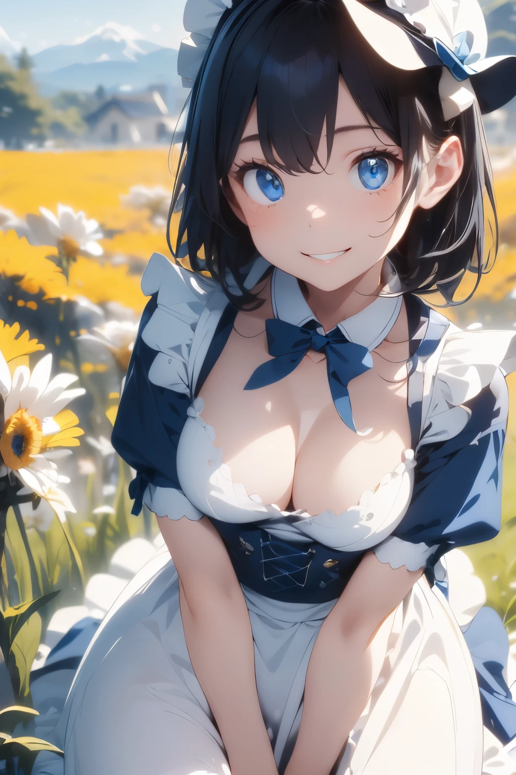 ((Top Quality)), ((Excellent)), (Details), ((Japanese)), Ultra-Realistic, Stunning Environment, Vivid Colors, , Black Hair, (Young Face), ((Straight Hair)), Shiny Hair, Medium Breasts, ((White Maid Outfit)), ((French Maid)), ((White Brim)), ((from_side)) , ((From Above)), ((Blue Eyes)), Half-Smiling, Upper Body, Shiny Hair, Blunt Bangs, ((Medium Breasts)), ((Leaning Forward)), ((Blue Eyes)), Masterpiece, Ultra-Realistic, ((Upper Body)), Outdoors, Grassland, Flower Field, Natural Light, Vivid Colors,