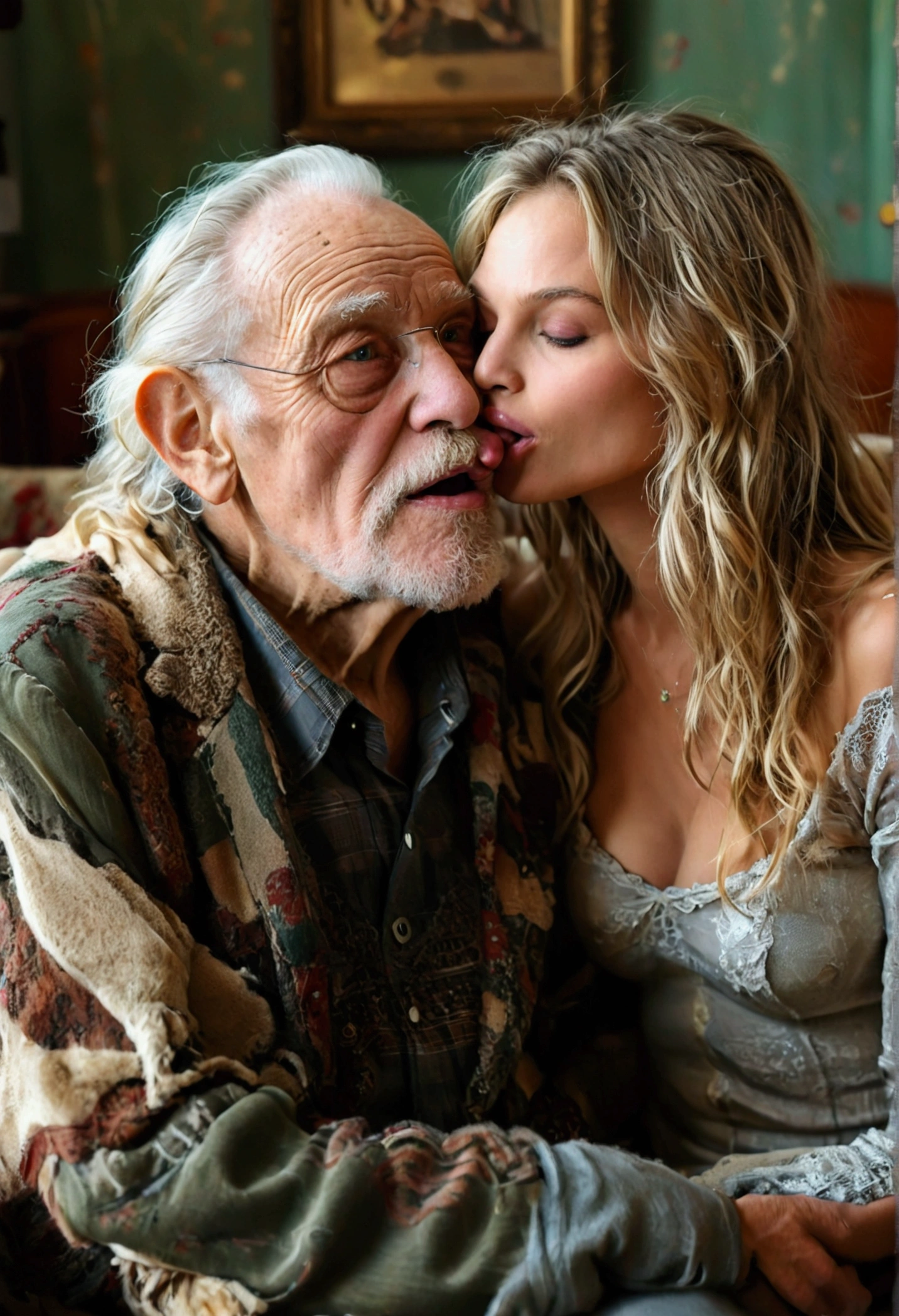  beautiful blonde victoria secret model naked open mouth kissing 90year old teethless homeless grandpa in on sofa she is sittin on his knee, full body view 