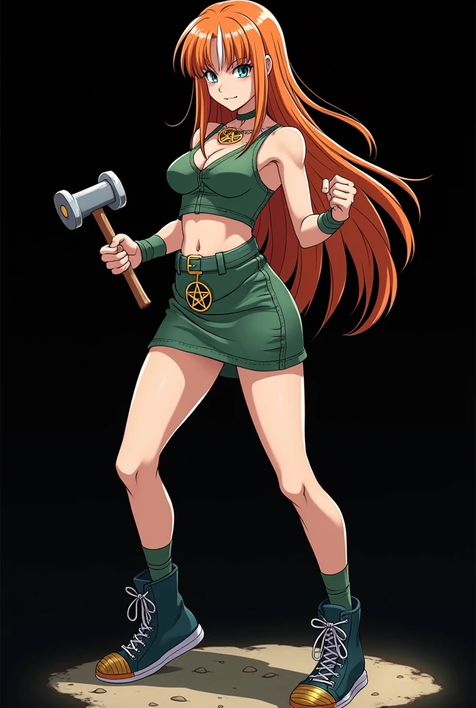 A full body image of a child , personagem do anime "dragonball z", she is very beautiful, with long, straight, fire-colored hair with two white streaks highlighted in the front, framing your face. She has blue-green eyes and pale skin.. she is a Wiccan, she is in fighting pose. she wears a pentagram necklace, croped, glued skirt, beautiful women&#39;s high-top shoes and ¾-long socks, she holds a nail hammer and small nails. It is drawn with Akira Toryama&#39;s animation. black backdrop.