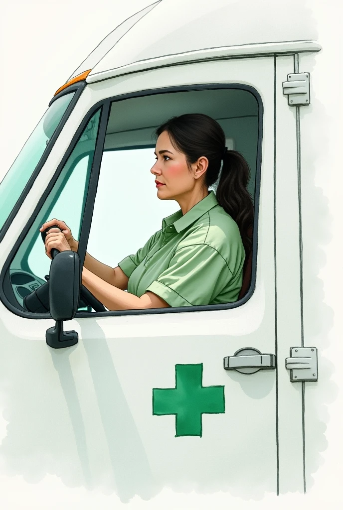 Watercolor painting with white spaces and undefined outlines : white woman 40 years old, round, cheveux noirs longs attachés, au volant d'un fourgon de livraison de produits pharmaceutiques, sur le fourgon blanc , est dessinée une croix verte, the steering wheel is on the left in the van