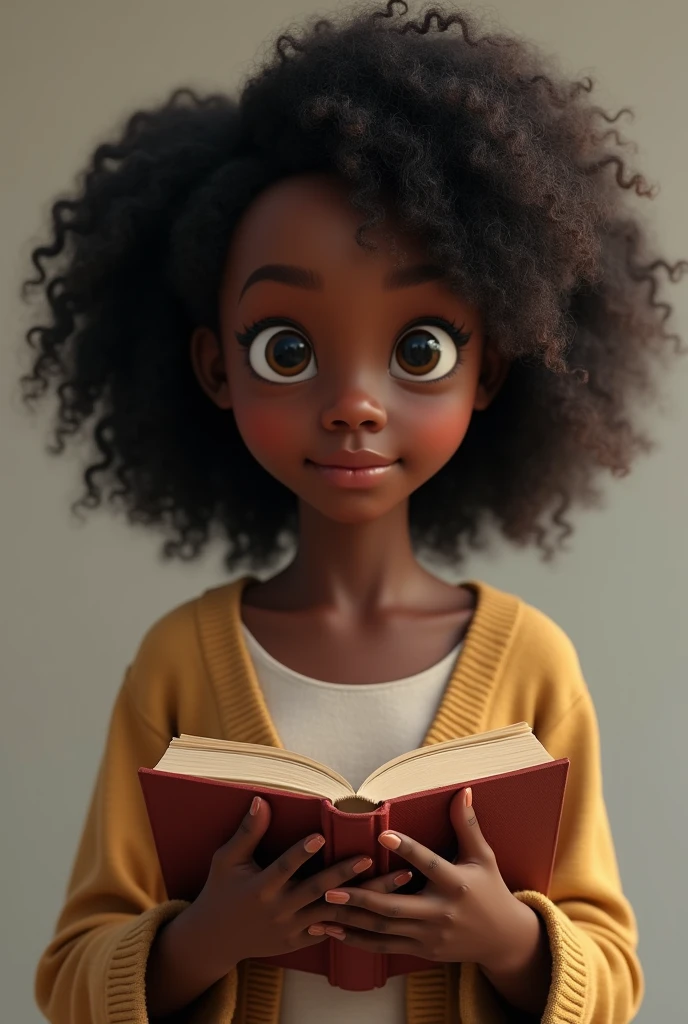 Generate a character's image, Black-skinned,Holding a book, rosto redondo cabelos ondulados e Holding a book