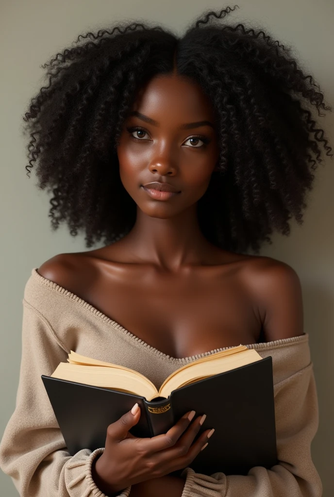Generate a character's image, Black-skinned,Holding a book, rosto redondo cabelos ondulados e Holding a book