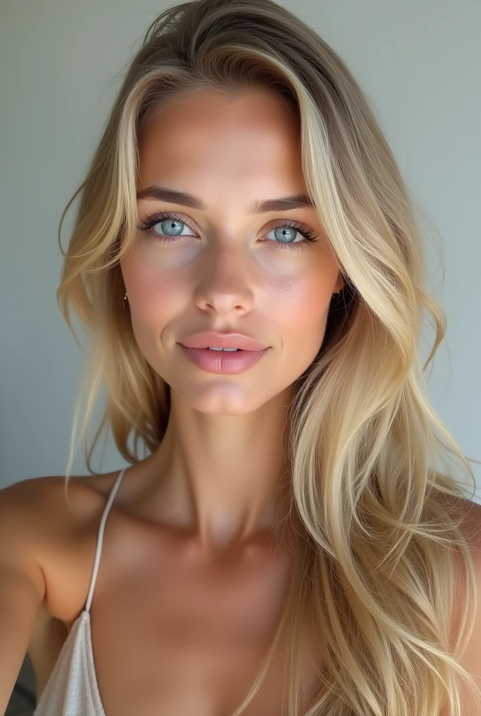 Fille blonde blanche aux longs cheveux blonds. Corps mince et sexy. photo selflie. Bouche fermée. Realiste. Simple