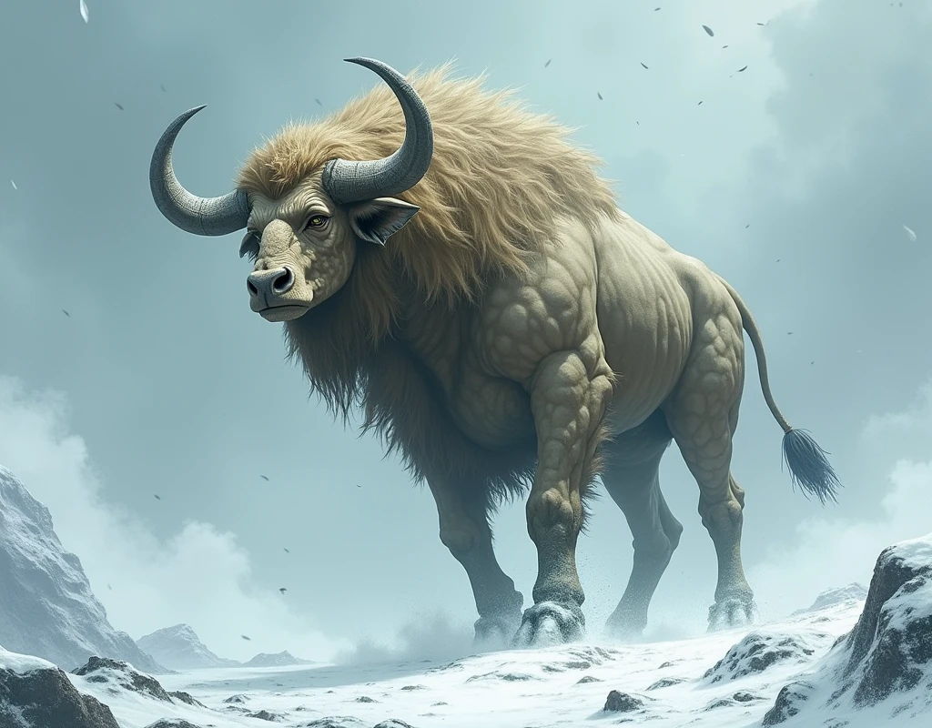 araffe standing in blizzard with a large horn, an ox, fluffy mane, looking threatening, 4 0 9 6, profile shot, that resembles a bull\'s, a handsome, by Magdalene Bärens, buffalo, face of an ox, by Anna Haifisch, by Dietmar Damerau