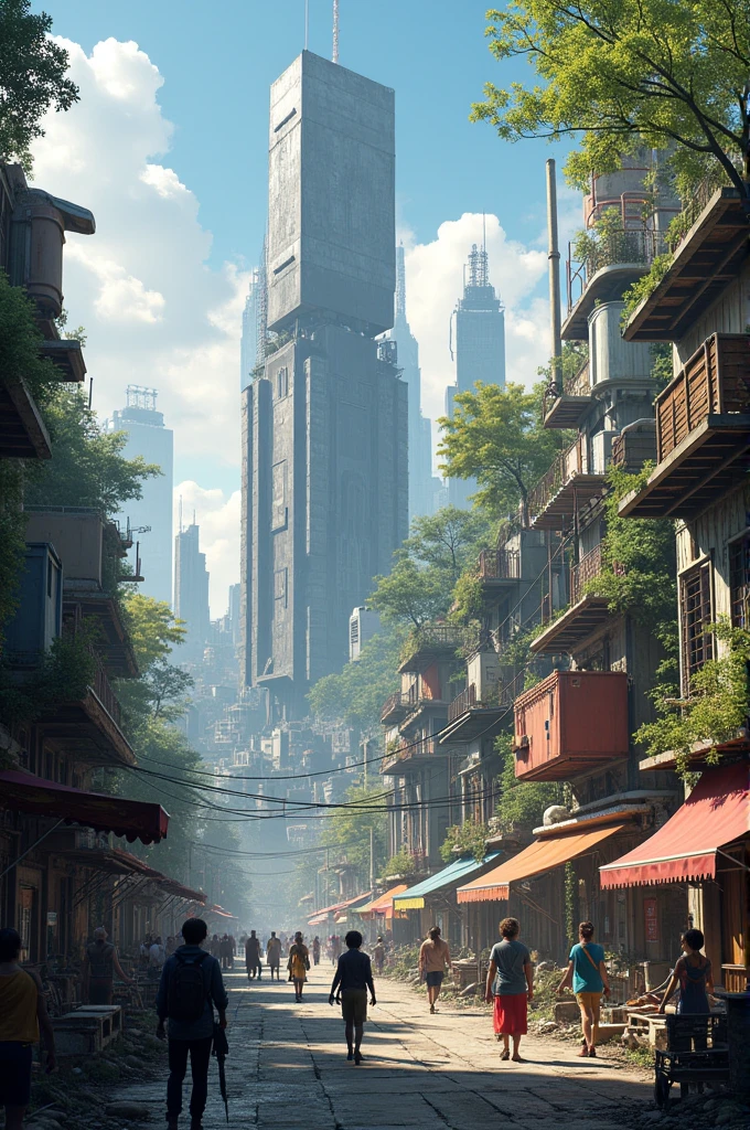 Create me a post-apocalyptic city rebuilt by survivors