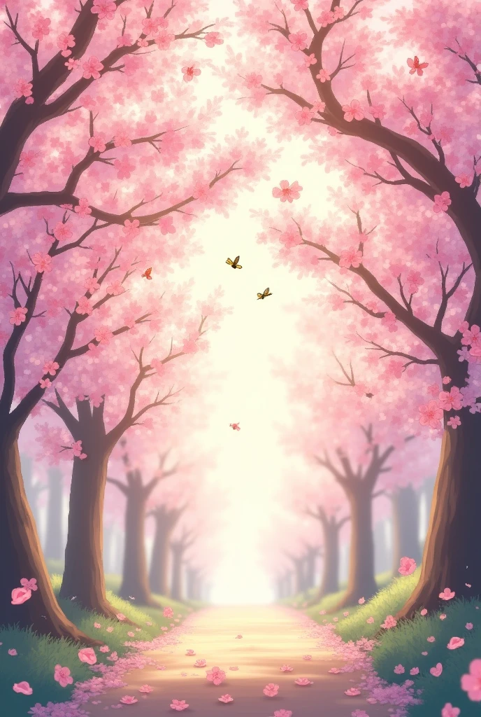 Imagine a grove of cherry trees in full bloom, their branches covered in delicate pink blossoms. Sunlight filters through the blossoms, creating a soft, ethereal glow. The air is filled with the sweet fragrance of the cherry blossoms, attracting bees and butterflies. The scene is peaceful and serene, perfect for a leisurely stroll, anime style
