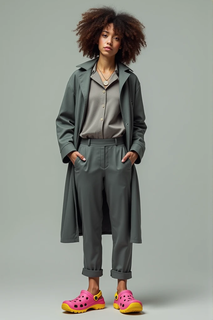 One with gray pants and a gray coat also with pink and yellow Crocs faces. Her hair is curly and she is .