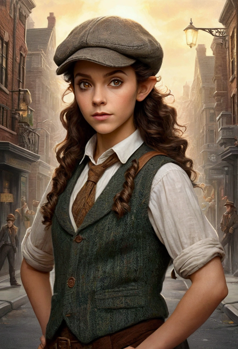 An illustrated movie poster, hand-drawn, full color, a teenage elven girl, wearing a tweed vest and a newsie cap, athletic hourglass figure, long pointy elf ears, amber eyes, dark hair, messy curls, deep sun-tanned skintone, standing on a foggy victorian-era street corner, graphite shading, stencil marks, airbrushed acrylic paint, masterpiece, in the style of the Sherlock Holmes, elf ears