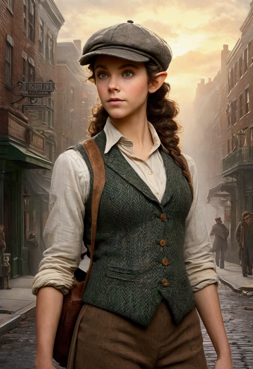 An illustrated movie poster, hand-drawn, full color, a teenage elven girl, wearing a tweed vest and a newsie cap, athletic hourglass figure, long pointy elf ears, amber eyes, dark hair, messy curls, deep sun-tanned skintone, standing on a foggy victorian-era street corner, graphite shading, stencil marks, airbrushed acrylic paint, masterpiece, in the style of the Sherlock Holmes, elf ears