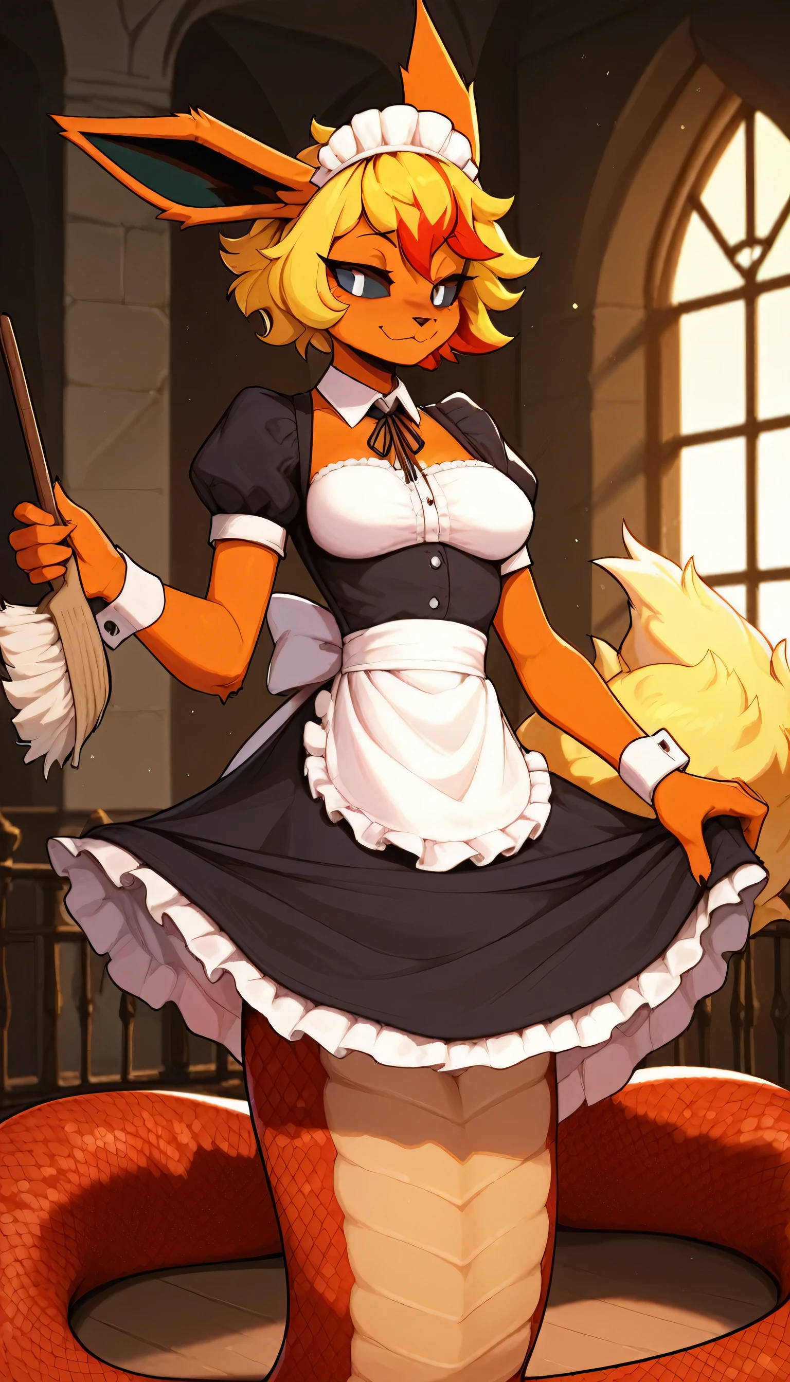 Excited expression, 1girl, anthro, furry, fur, fluffy fur, flareon girl, yellow hair (red highlights), black sclera, white eyes, short hair, Messy hair, (19 years), medium breast, thicc thighs, solo, (bedroom, mansion), sunset, detailed, smug smile, maid outfit, pantyhose, cleaning, score_9, score_8_up, score_7_up, score_6_up, score_5_up, score_4_up, spotted lamia