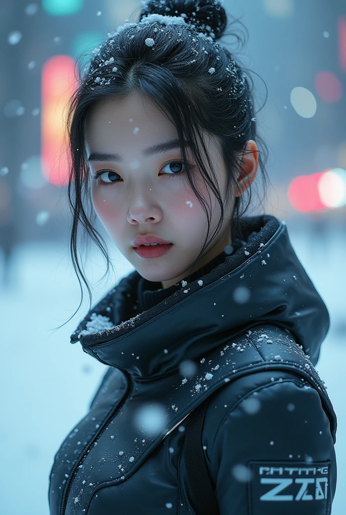 8k Beautiful Asian woman in futuristic clothing, with snow surrounding her body, at night, with a futuristic Seoul corea background
