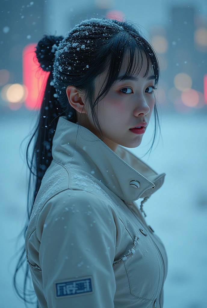 8k Beautiful Asian woman in futuristic clothing, with snow surrounding her body, at night, with a futuristic Seoul corea background
