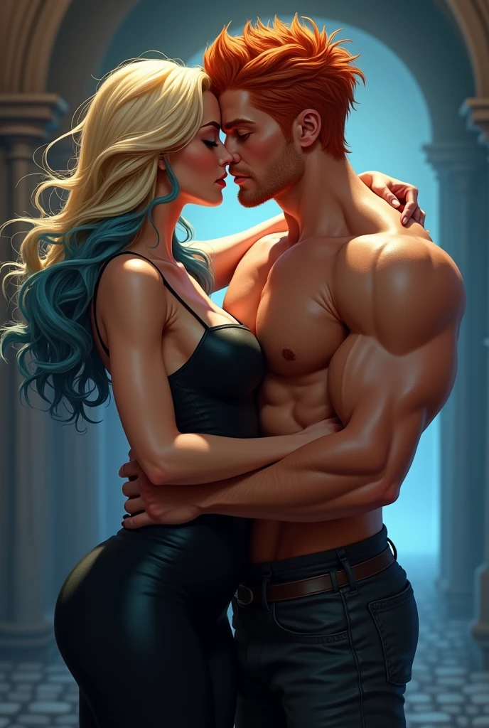 Create an image for me of a woman with blonde and blue hair and big breasts and a black dress and next to her a man with red hair and hazel eyes and a black suit and who is obviously muscular and they are kissing.