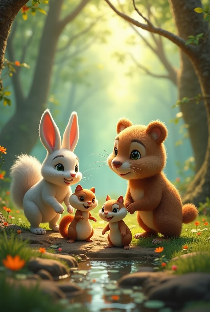 
Enchanted Forest, Four very special friends: the hopping bunny, the little bird Trino, Squirrel Chispa and Cuddly Bear. 
Moral: With friendship, everything is possible.