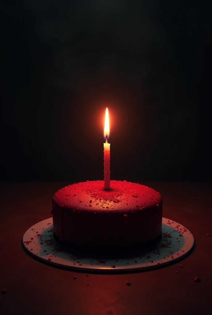 Candle on red cake with dark background